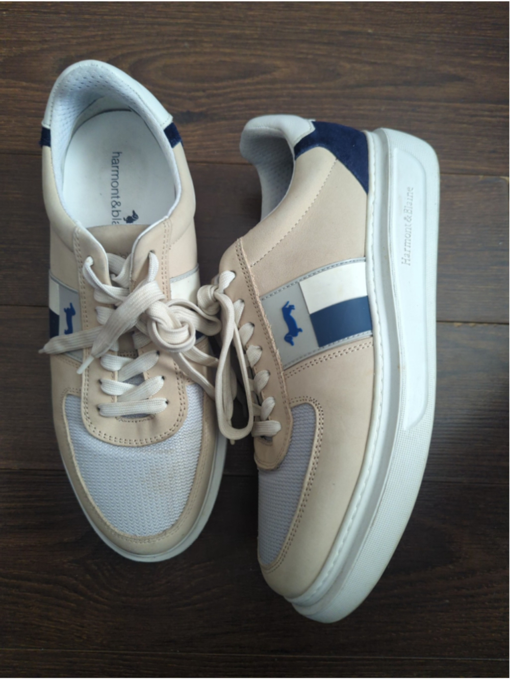 Men's Harmont & Blaine Sneakers in Beige and Blue with Side Logo - Picture 5 of 14